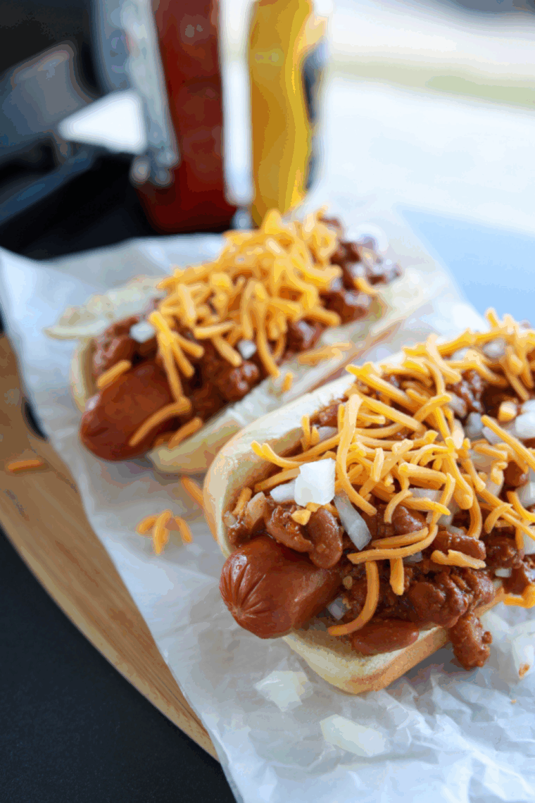 Copycat chili cheese dog served on a toasted hot dog bun.