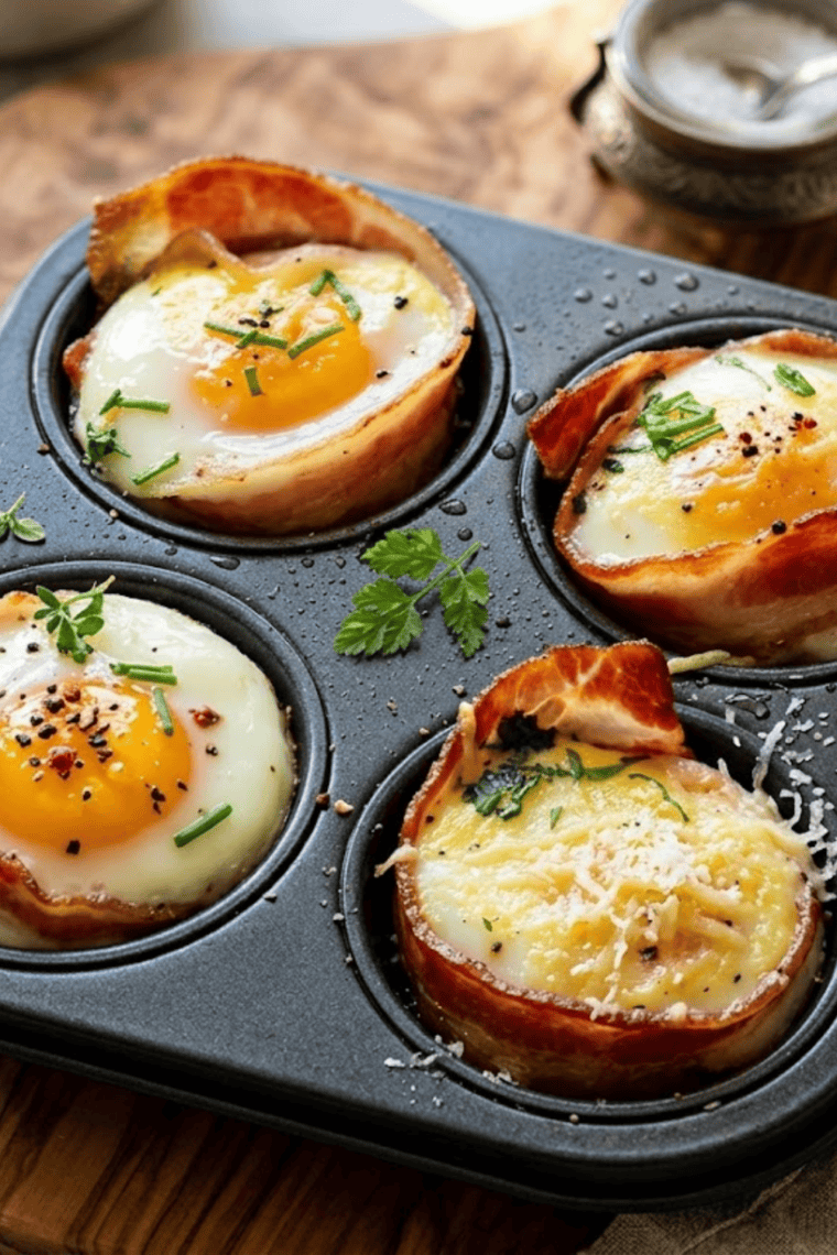 Finished Air Fryer Bacon and Egg Cups removed from the air fryer and ready to serve