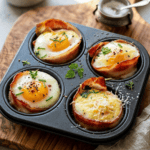 Keto Air Fryer Bacon and Egg Cups in a muffin tin inside an air fryer basket