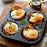 Keto Air Fryer Bacon and Egg Cups in a muffin tin inside an air fryer basket