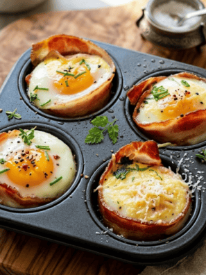 Keto Air Fryer Bacon and Egg Cups in a muffin tin inside an air fryer basket