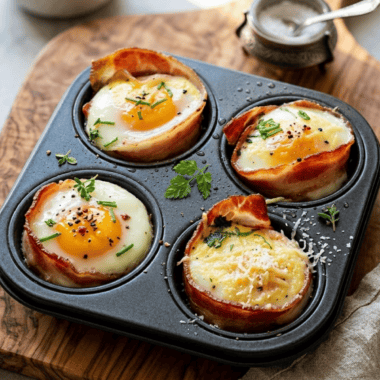 Keto Air Fryer Bacon and Egg Cups in a muffin tin inside an air fryer basket