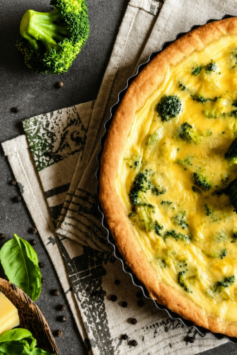 Golden slice of air fryer broccoli cheddar quiche served on a white plate, custard filling flecked with broccoli