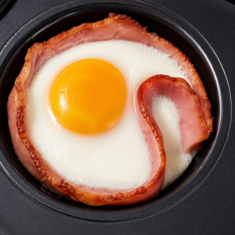 Close-up of a Canadian bacon egg cup with a runny yolk breaking over the crisped edge