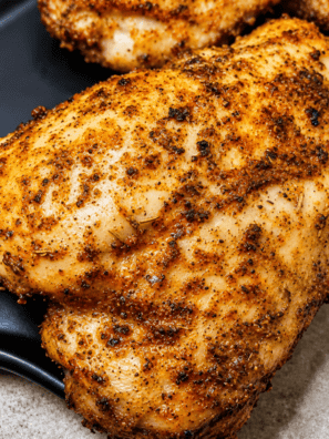 "Air Fryer Caribbean Rubbed Chicken Thighs on a white plate, crispy golden skin coated in smoky paprika spice rub"