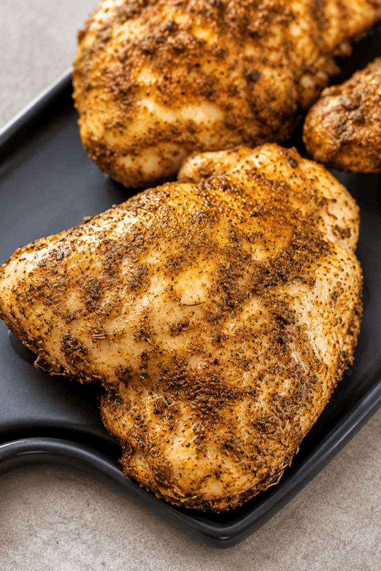 Air Fryer Caribbean Rubbed Chicken Thighs plated with rice and beans