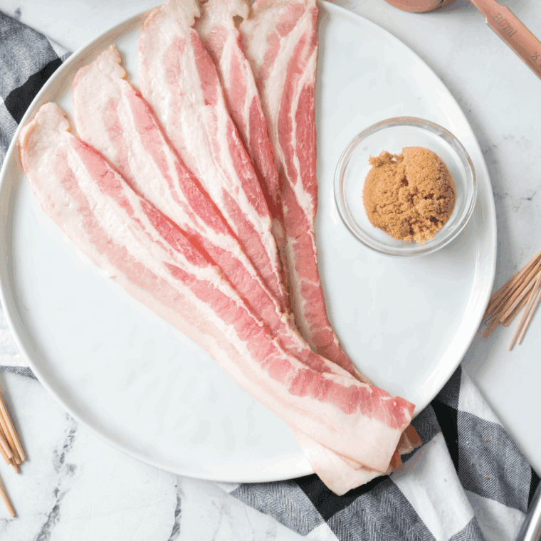 Ingredients needed for air fryer bacon roses on kitchen table.