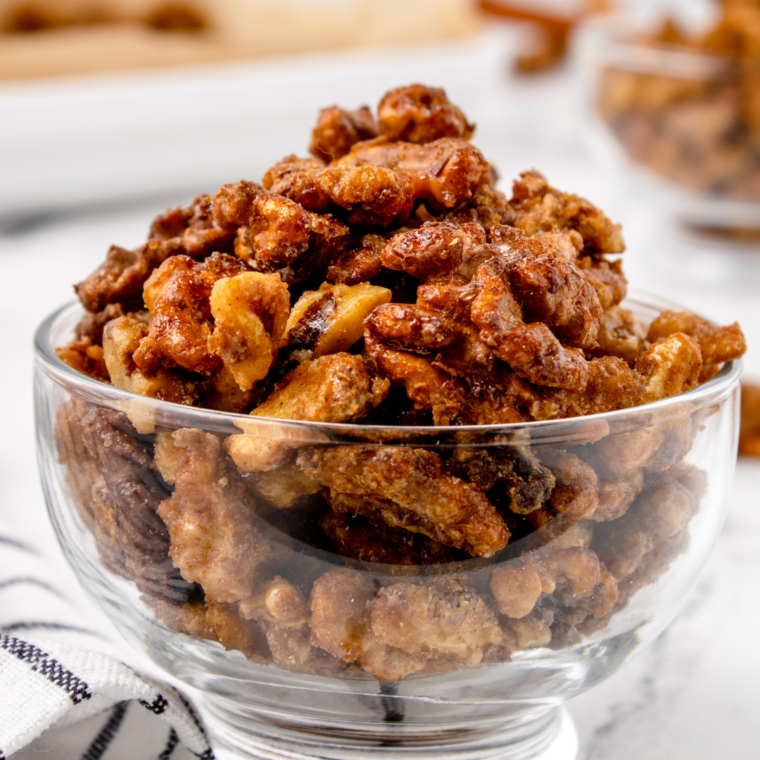 side view closeup: air fryer walnuts in a bowl