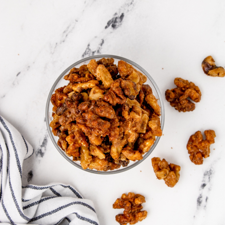 overhead: a bowl of toasted walnuts from air fryer