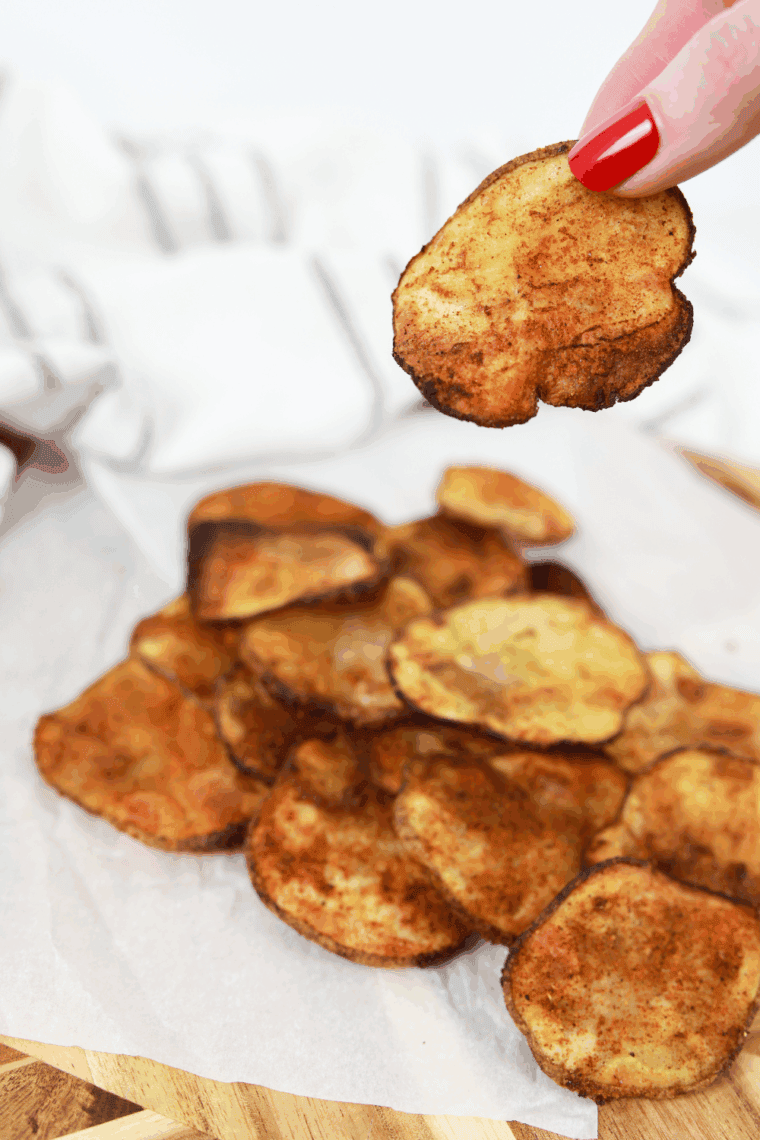 Golden, crispy Air Fryer BBQ potato chips in a bowl, seasoned and ready to eat