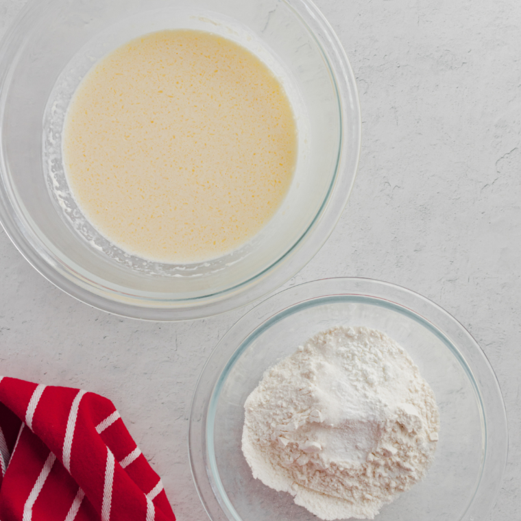 Mixing bowl with pancake batter for Air Fryer Chocolate Chip Pancake Bites, showcasing a smooth consistency.