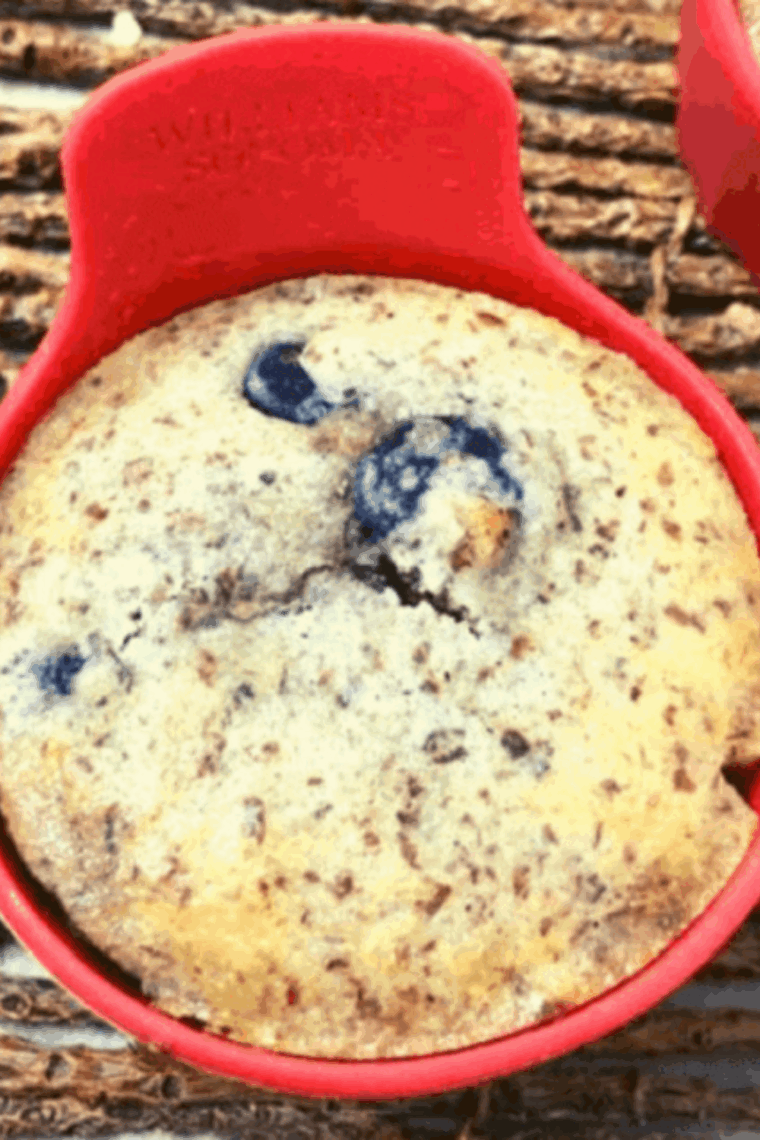 Golden, fluffy keto blueberry muffins baked in the air fryer with fresh blueberries