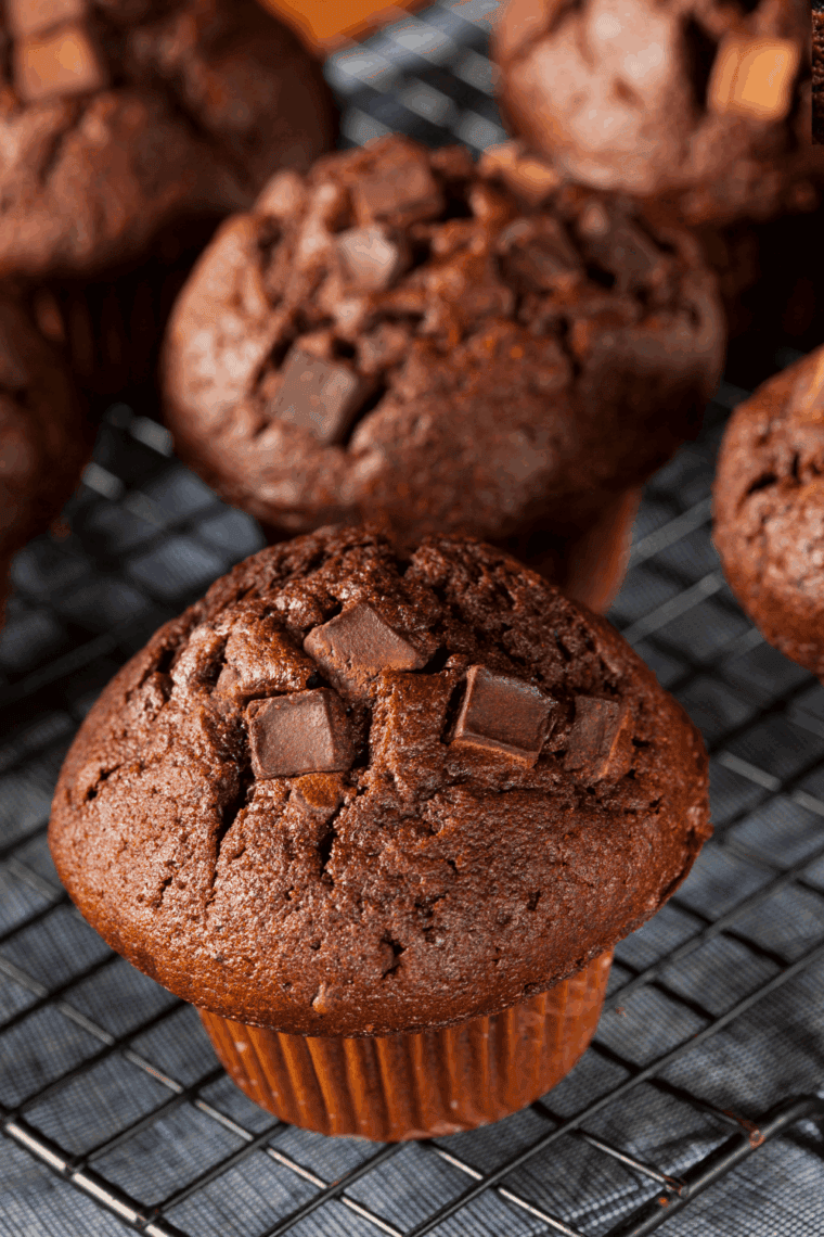 Plate of golden, moist double chocolate muffins fresh out of the oven.