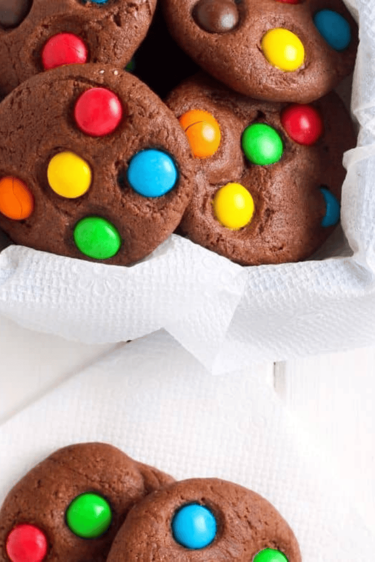 easy air fryer M&M cookies with soft centers, crispy edges, and colorful candy pieces on top