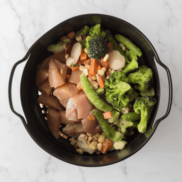 Preheat and Prep: Chicken and stir fry vegetables tossed in olive oil in a large bowl, ready for the Ninja Foodi air fryer.