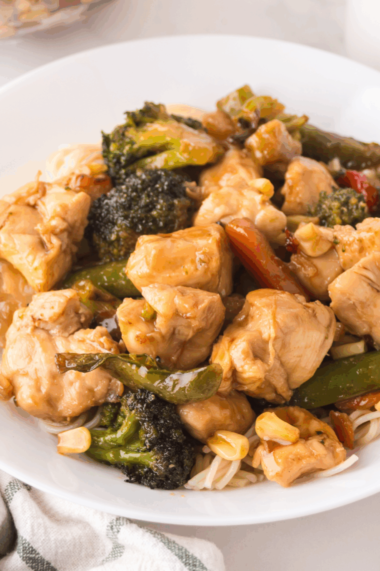 Ninja Foodi chicken stir fry with colorful bell peppers, broccoli, and carrots in a savory sauce served in a bowl.