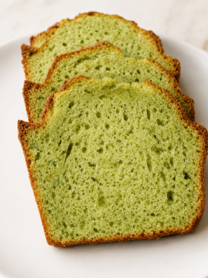Plate of sliced Air Fryer Pistachio Bread showing the soft green crumb