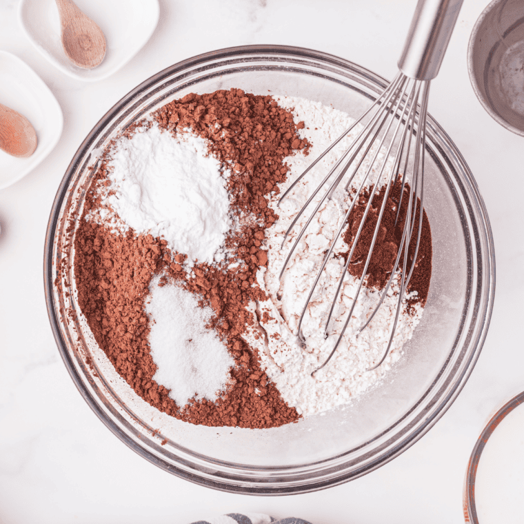 Mixing flour, cocoa powder, sugar, baking powder, salt, butter, and half and half in a large bowl.