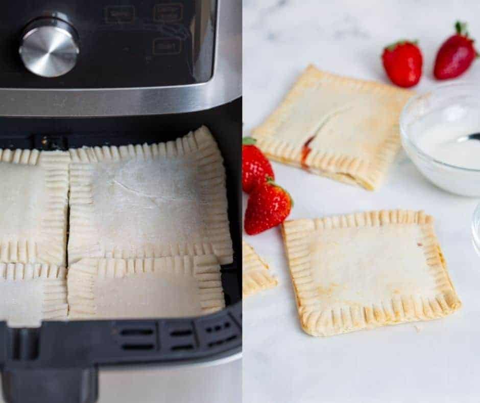 On the left hand side: 4 uncooked homemade pop tarts are sitting in the air fryer basket about to be cooked.
Right hand side: 2 crispy cooked pop tarts sitting on a white counter with some loose strawberries next to them.