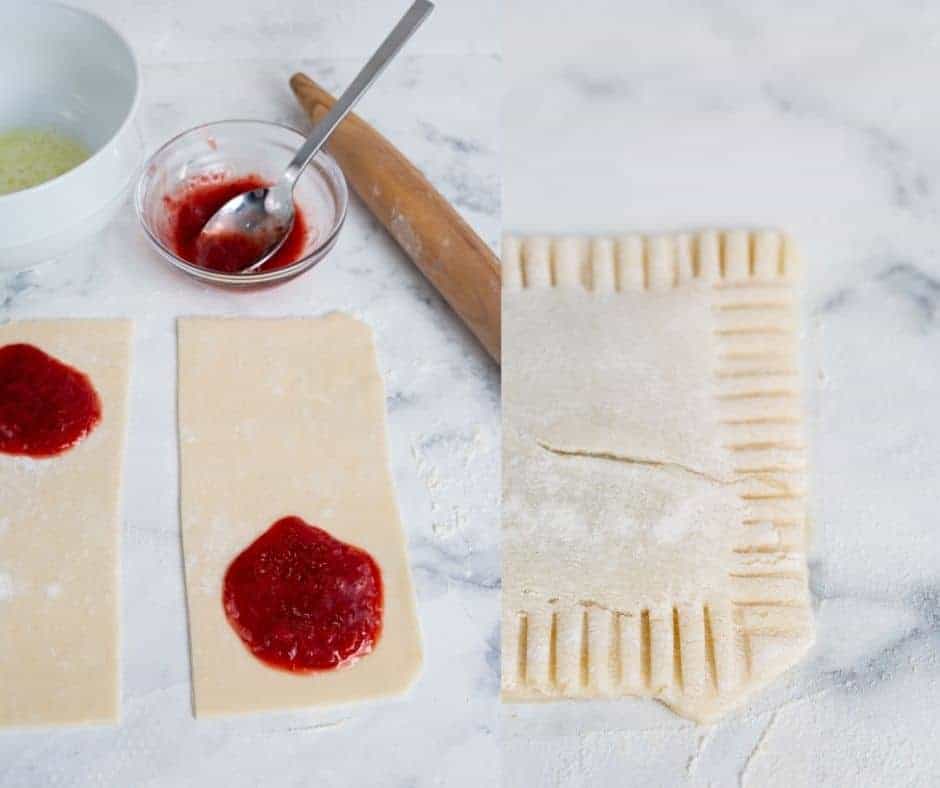 The image is cut into 2 down the middle. On the left side, there are 2 rectangles of pastry sitting on a white marble counter, with a blob of jam at one end. There small glass jar containing the preserve is on the counter with a teaspoon inside it.
On the right side, there is another rectangle piece of pastry with the design of imprinted lines around the perimeter.