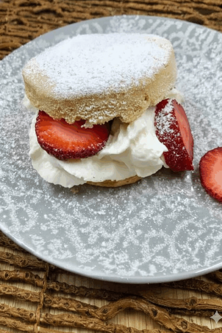 Air fryer biscuit strawberry shortcake with fresh strawberries and whipped cream.