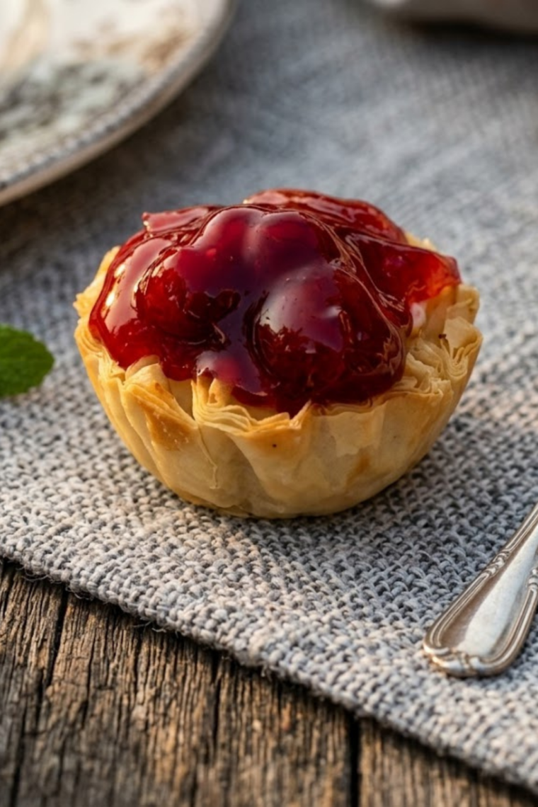 Air fryer cherry cheesecake bites in crispy phyllo cups filled with creamy cheesecake and topped with cherry pie filling