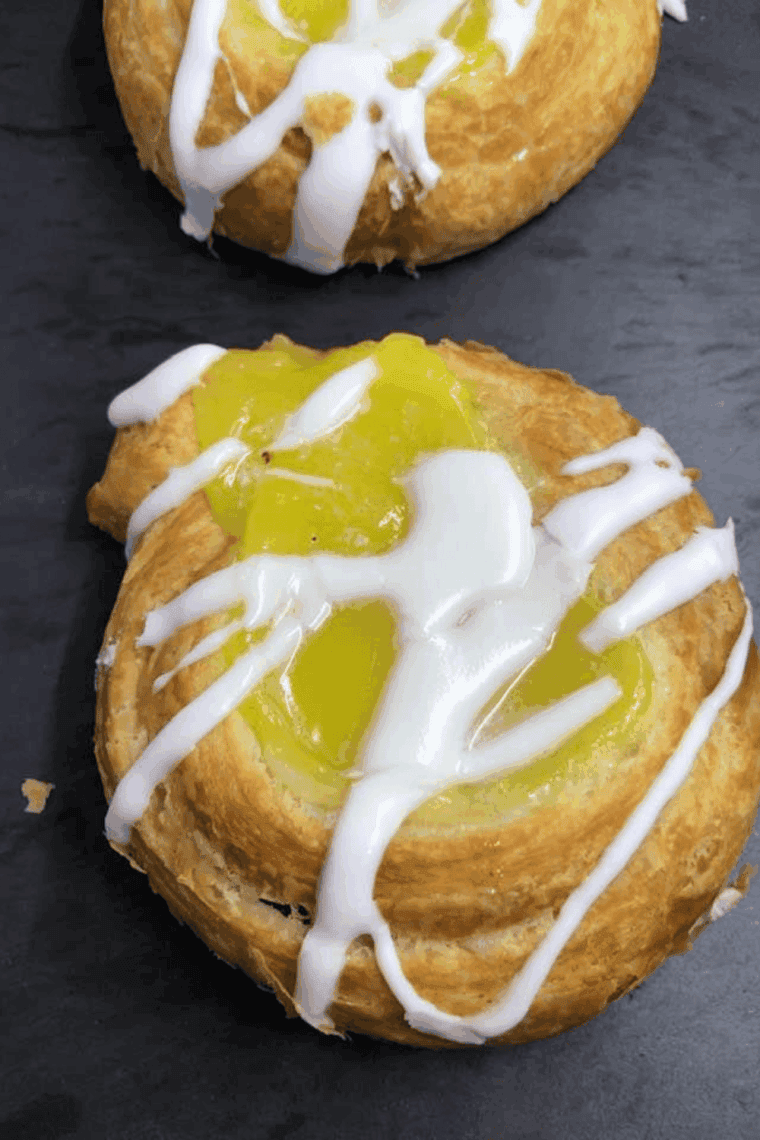 Golden, flaky crescent lemon Danish fresh from the air fryer, with lemon filling and glaze