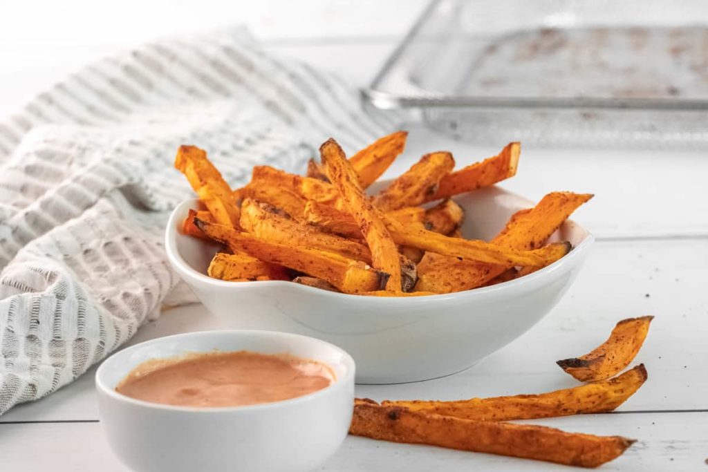 Air Fryer Sweet Potato Fries in a white bowl