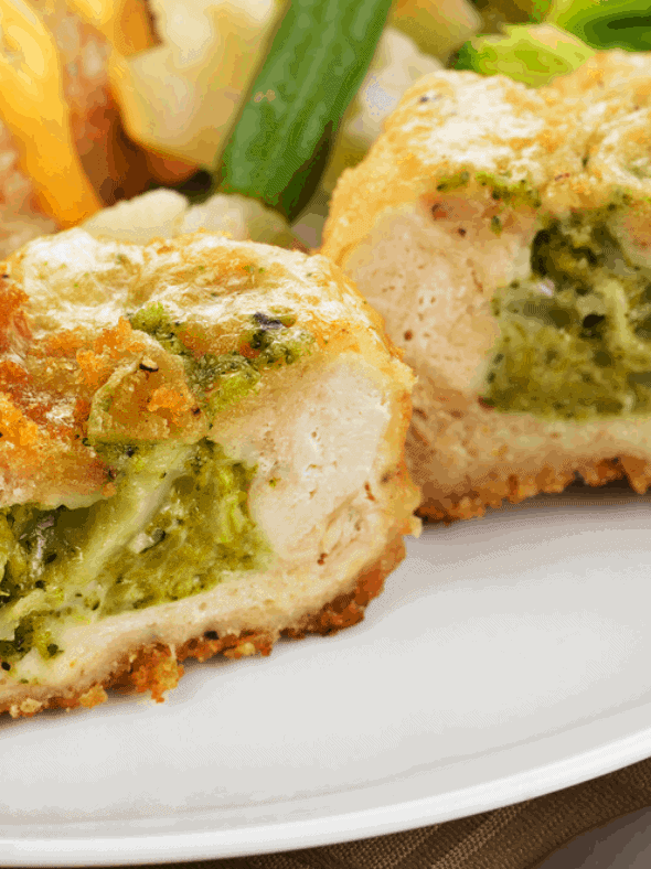 Air Fryer Frozen Stuffed Chicken Breast With Broccoli And Cheese Fork
