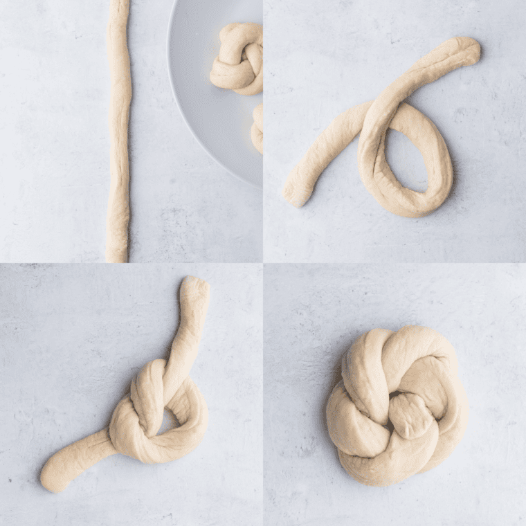 Hand-rolled dough knots arranged on a plate, ready for air frying.