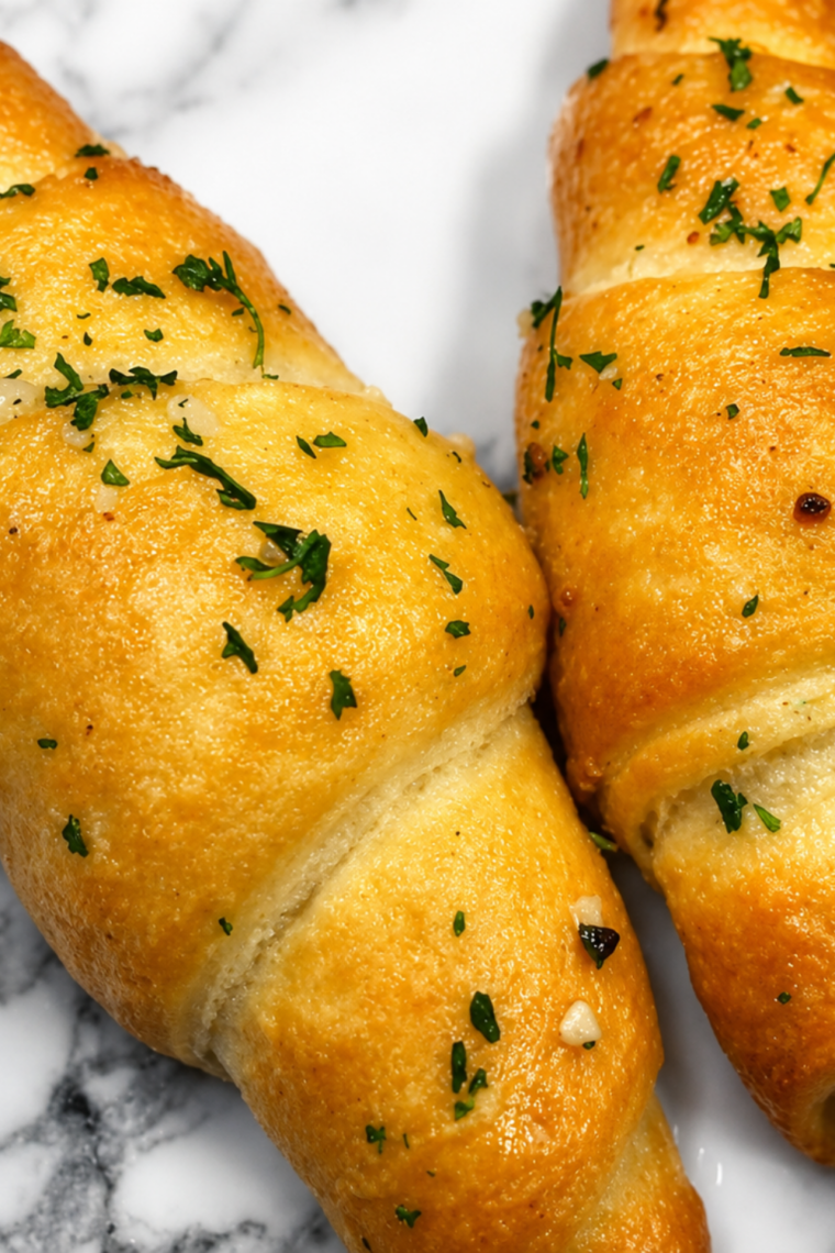 Flaky air fryer garlic crescent roll pulled apart to show the buttery layers