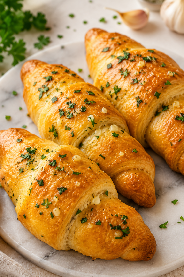 Air fryer garlic crescent rolls on a plate, golden and topped with Italian herbs