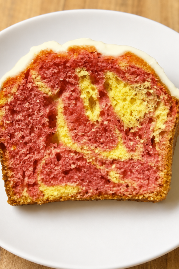 Slice of air fryer raspberry lemon bread on a white plate