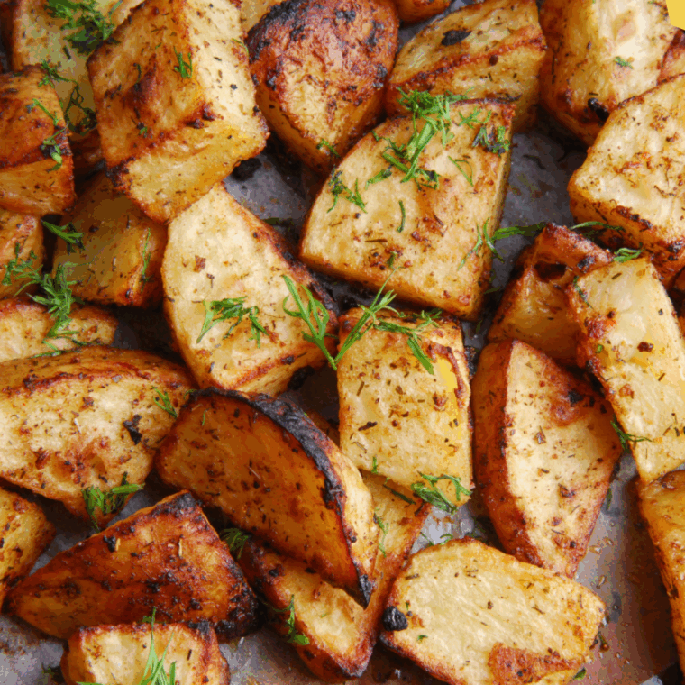 Crispy garlic dill potato wedges cooked in an air fryer, golden brown and ready to serve.