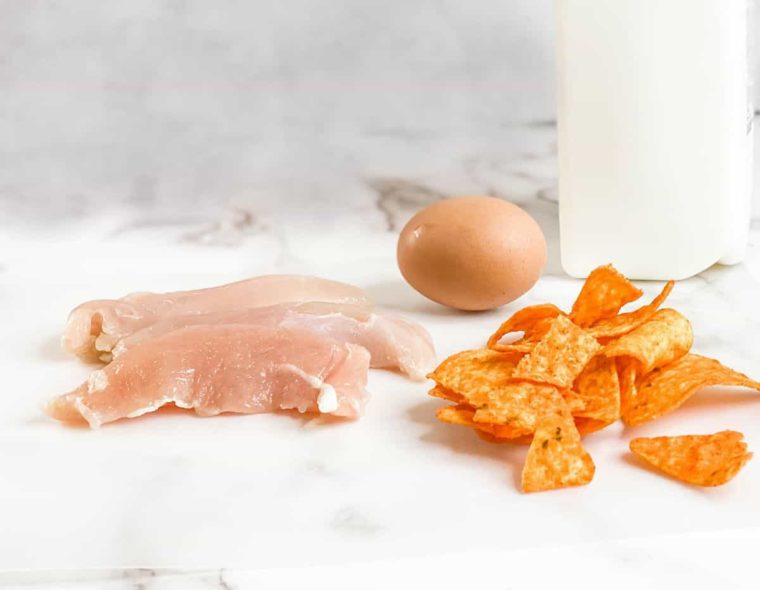 raw chicken, eggs, and doritos to make dorito chicken tenders