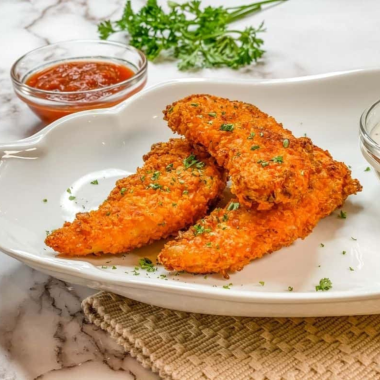 3 doritos chicken tenders on a white plate with a small glass bowl of ketchup to the side