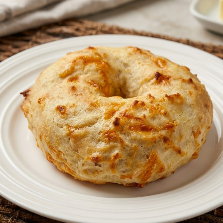 Golden brown Air Fryer Cheddar Cheese Bagels resting on a cooling rack with melted cheddar cheese on top, ready to slice and serve warm.