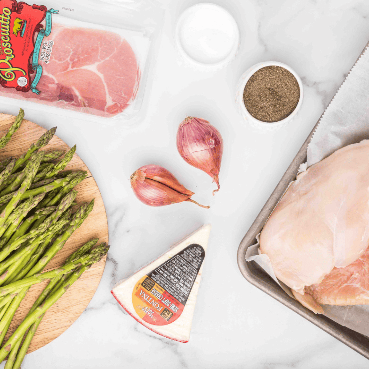 Ingredients needed for Air Fryer Chicken Saltimbocca on kitchen table.