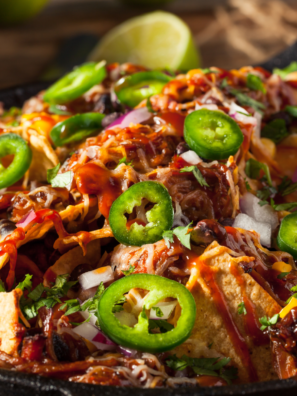 Plate of Air Fryer Loaded Pulled Pork Nachos