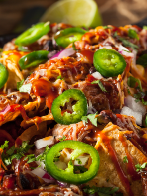 Plate of Air Fryer Loaded Pulled Pork Nachos