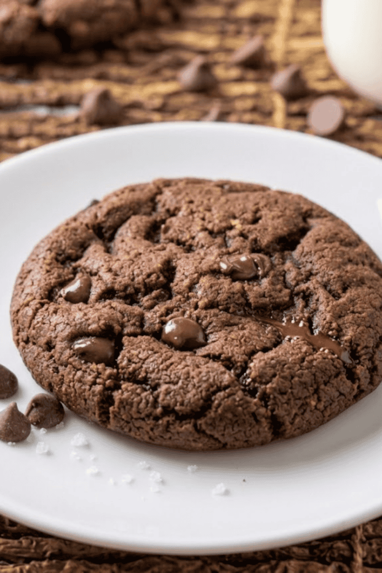 Close-up of chocolate brownie cookies cooked in the air fryer, stacked and ready to serve.