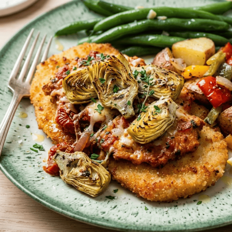 Artichoke, tomato, and cheese topping spooned over chicken in the air fryer to melt and roast