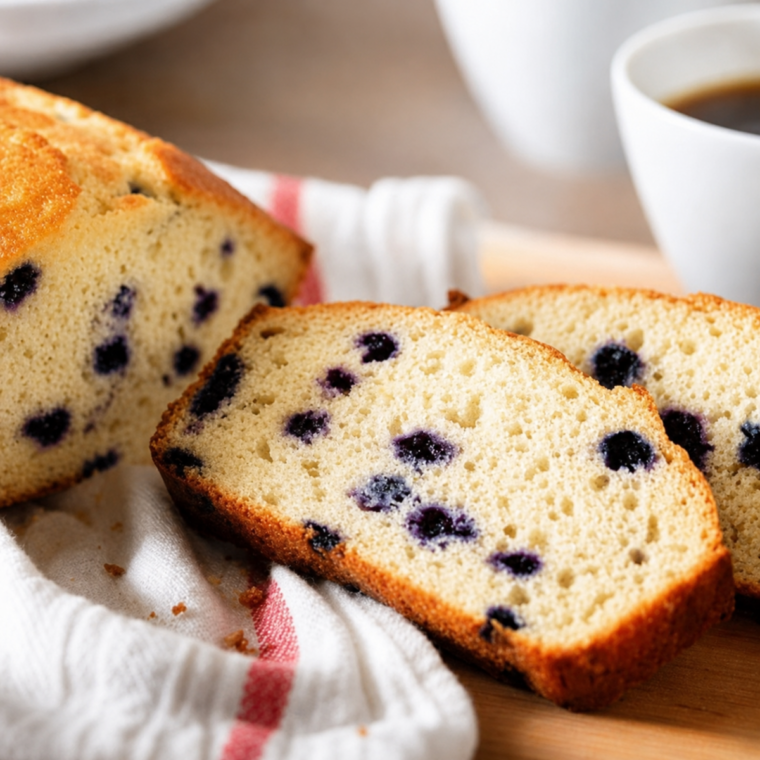 Sliced air fryer blueberry pound cake on a wooden board with fresh blueberries