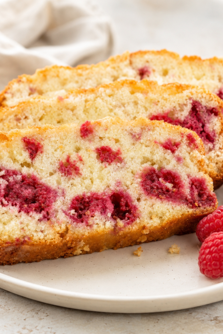 Sliced air fryer raspberry bread on a wooden board with fresh raspberries throughout the crumb