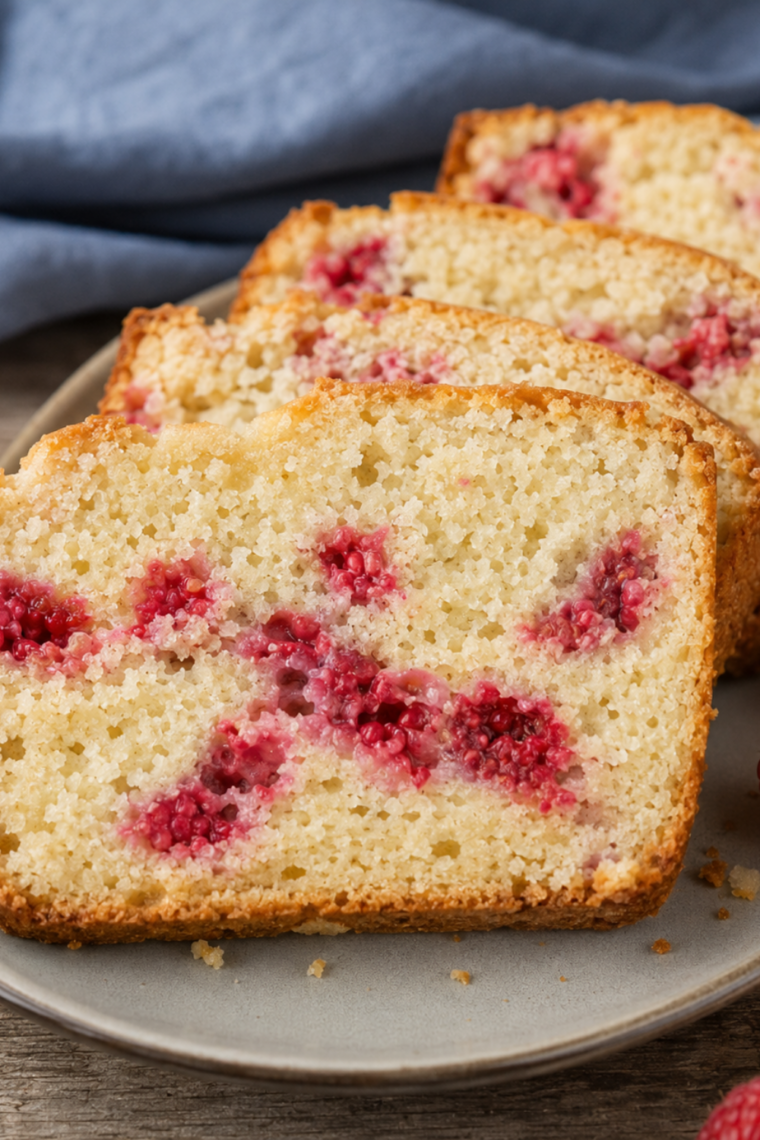Overhead view of air fryer raspberry bread sliced to show raspberries in the tender crumb