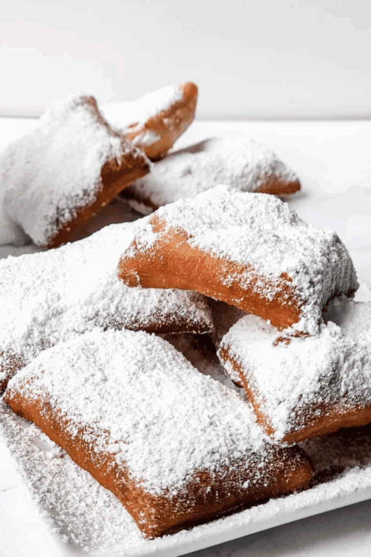Golden, puffy beignets sprinkled with powdered sugar on a plate.
