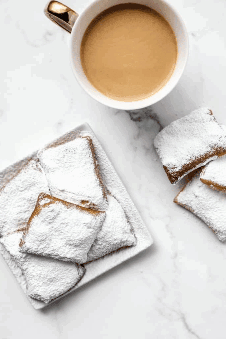 Plate of golden, fluffy Copycat Cracker Barrel Beignets dusted with powdered sugar, ready to serve.