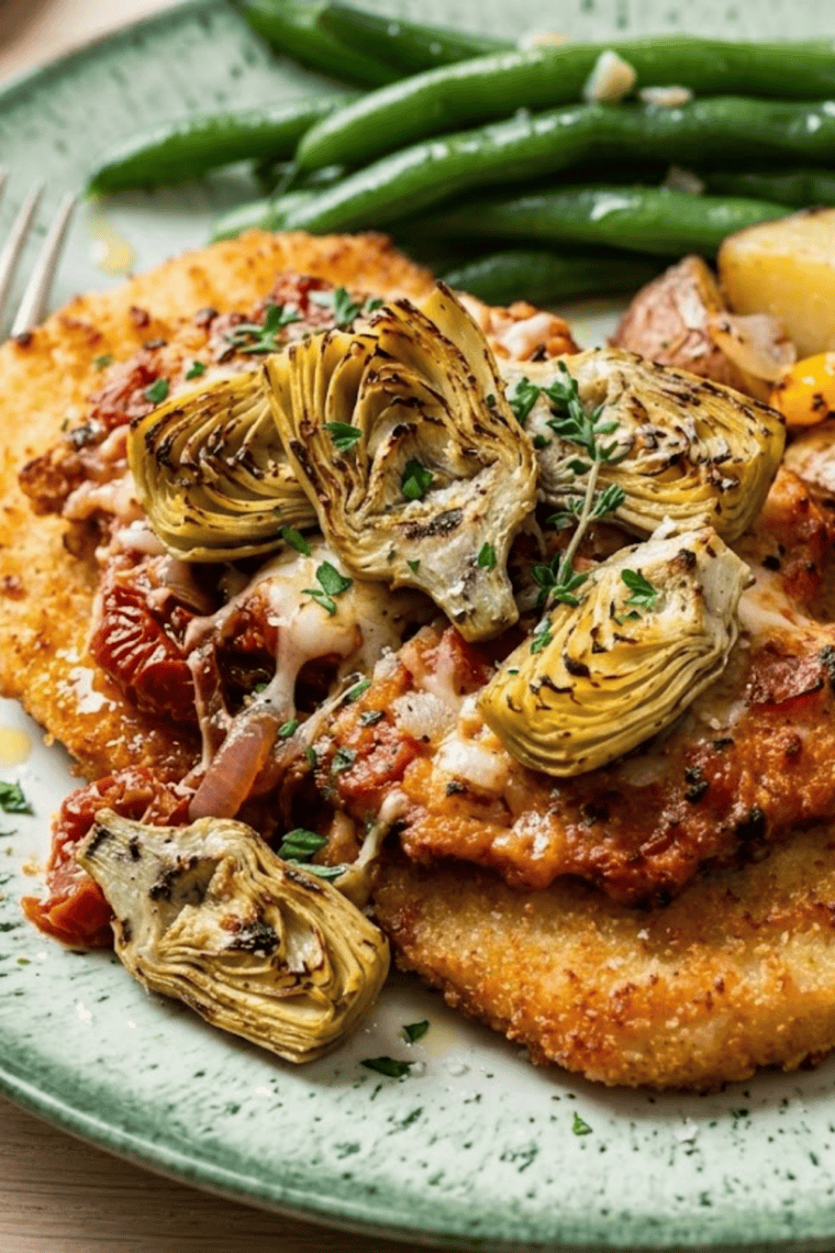 Close-up of crispy air fryer artichoke chicken with golden panko crust and bubbly cheese topping