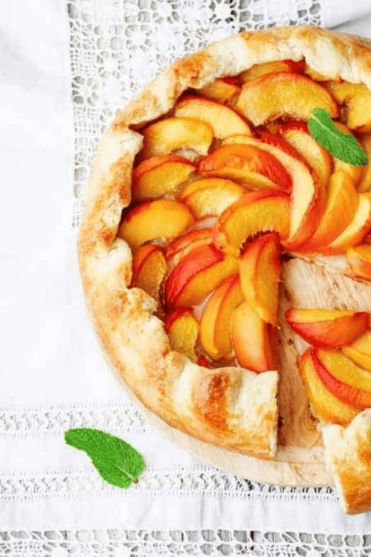 Golden peach crostata with bubbling cinnamon-sugar filling cooked in the air fryer