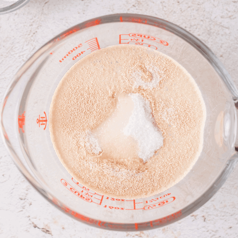 Activate the Yeast: Foamy yeast mixture ready for breadstick dough.